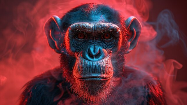  A close-up photo of a monkey's face with red and blue smoke billowing from its eyes