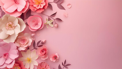 Fototapeta premium Elegant paper flower arrangement with pink background. Perfect for invitations, greeting cards, posters, and spring or summer-themed designs.