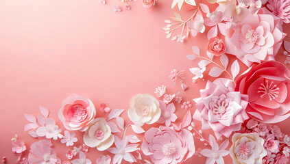 Elegant paper flowers on a soft pink background, perfect for feminine and romantic designs, wedding invitations, and themed decoration.