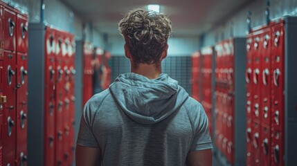 A young man wearing a gray hoodie stands in a dimly lit gym locker room with red lockers, symbolizing solitude, focus, and determination in a fitness setting.