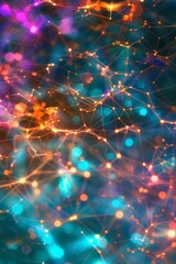 A visually intricate representation of an artificial neural network, with glowing nodes and connecting lines forming a web of vibrant colors like teal, magenta, and orange. 