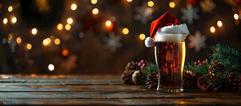 Glass of beer wearing Santa hat on rustic wooden table with festive Christmas decorations and blurred lights in background.