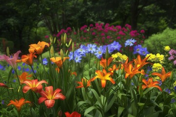 Fototapeta premium This image showcases a vibrant collection of hand-painted flowers with various colors and shapes set against a dark background.. Beautiful simple AI generated image in 4K, unique.
