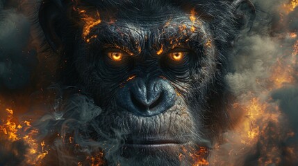   A monkey's face with fiery eyes and a smoky background