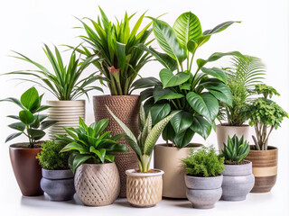 Fototapeta premium Vibrant greenery in assorted ceramic pots, isolated on transparent background, showcasing diverse textures and shapes of indoor plants in a clean, modern arrangement.