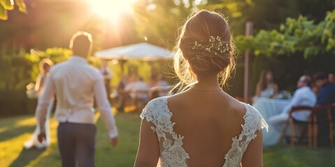 Intimate outdoor wedding with bride walking towards groom under dappled sunlight. Concept Outdoor Wedding, Bridal Entrance, Dappled Sunlight, Intimate Moments