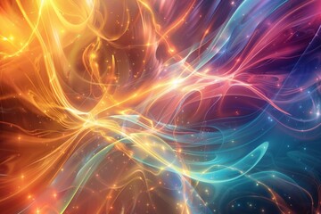 An abstract visualization of quantum entanglement, with swirling, intertwined particles and waves of light in a spectrum of bright, contrasting colors. 