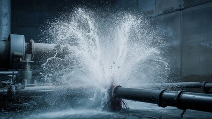 a powerful burst of water erupting from a ruptured pipe in an industrial setting