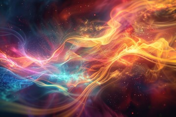 An abstract visualization of quantum entanglement, with swirling, intertwined particles and waves of light in a spectrum of bright, contrasting colors. 