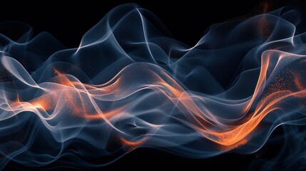Fototapeta premium Abstract smoke design with swirling blue and orange lines creating a flowing, ethereal pattern on a dark background.