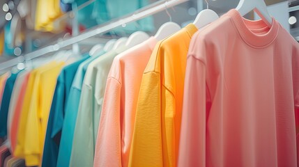 Obraz premium Colorful t-shirts on white hangers in a clothing store. Shallow depth of field photography. Casual wear and fashion retail concept.