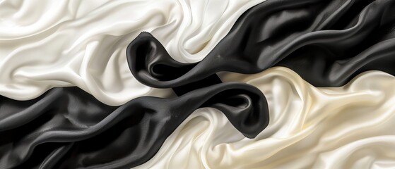 Luxurious black and white silk fabric with smooth texture and elegant folds, perfect for backgrounds and design concepts.