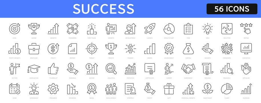 Success thin line icons set. Progress, career, growth, profit editable stroke icon. Vector