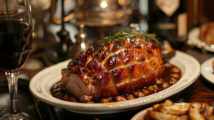 German pork knuckle in a white plate, in a luxurious shop.