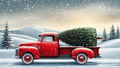 Vintage red pickup truck carrying Christmas tree in snowy landscape
