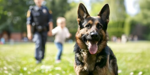 Police dog handler in sunny park with children playing in background. Concept Police Dog, Sunny Park, Children Playing, Law Enforcement, Training