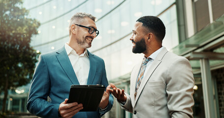 Business, men and happy outdoor with tablet for strategy, planning, teamwork and collaboration....