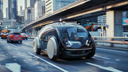 Fototapeta premium A futuristic autonomous car navigating a busy city street, illustrating the future of transportation and technology
