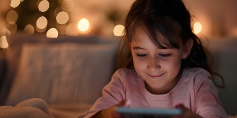 Child happily vlogging in dimly lit home for online audience. Concept Children's Youtube Channel, Vlogging Tips, Home Videography, Creative Content, Family-friendly Content