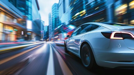 Fototapeta premium A hybrid car driving through a bustling cityscape, representing the blend of modern technology and urban life