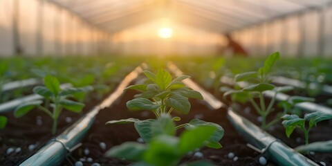 Agriculture agronomist tending to crops in greenhouse at sunset. Concept Agriculture, Agronomist, Crops, Greenhouse, Sunset