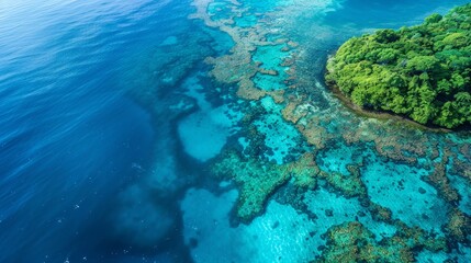 A mesmerizing aerial view of a coral reef, with vibrant marine life visible through the crystal-clear waters