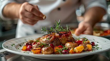 German pork knuckle in a white plate, in a luxurious shop.