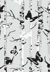 Vector seamless pattern with butterflies on sakura branches