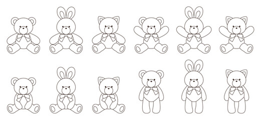 リボンをつけたかわいいくまとうさぎとねこのぬいぐるみのベクターイラストセット　アイコン　動物	