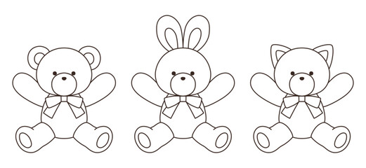リボンをつけたかわいいくまとうさぎとねこのぬいぐるみのベクターイラストセット　アイコン　動物	