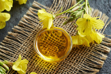 Evening primrose oil in a glass bowl with Oenothera biennis flowers