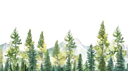 Mountain Scene Border. Watercolor Illustration of Pine Forest Panorama