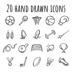 A set of simple black and white icons related to sports. Vector pictograms of sports elements. Signs and symbols of sports competitions and championships