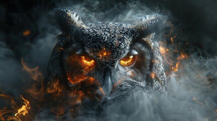   A close-up image of an owl with yellow eyes against a dark background, featuring smoke and smudges for added interest