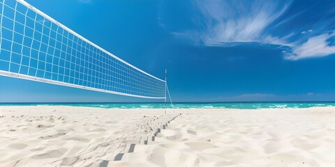 Volleyball on sandy beach under blue sky with white net clouds. Concept Beach Volleyball, Sunny Day, Blue Sky, White Net, Sandy Beach