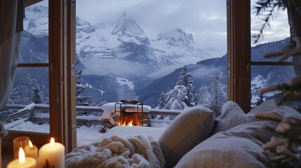 A serene, snow-covered cabin in the Swiss Alps, with a crackling fire visible through the window and majestic mountains in the background