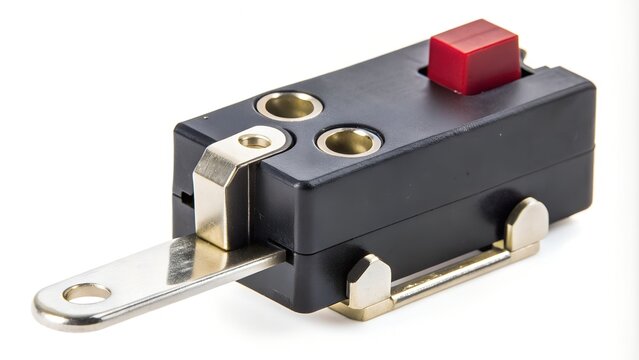 Compact electronic switch with red button isolated on white background