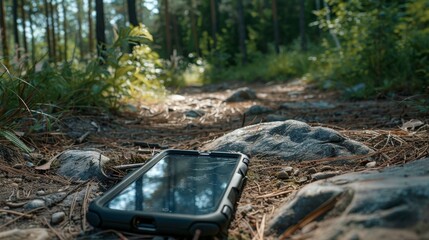 A smartphone in a rugged case, lying on a hiking trail, ready for an adventure in the wild