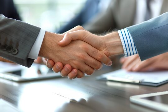 Business people shaking hands. Business, startup and people concept - happy multiracial creative team at the office.. Beautiful simple AI generated image in 4K, unique.