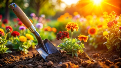 Vibrant closeup of a rusty spade digging into fertile flower bed soil on a warm sunny summer evening with copy space.