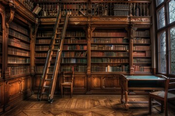 Obraz premium Vintage library interior, old bookshelf with books, antique shelf, bookcase, old university