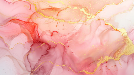 elegant rose pink water colour alcohol wash with golden swirls and speckles, luxurious background wallpaper, white and pink background