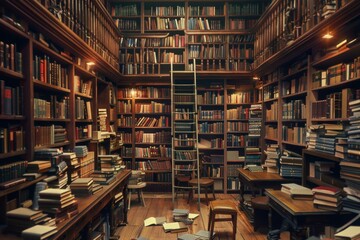 Vintage library interior, old bookshelf with books, antique shelf, bookcase, old university