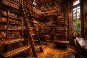 Fototapeta premium Vintage library interior, old bookshelf with books, antique shelf, bookcase, old university