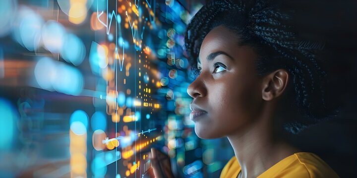 African American woman cybersecurity expert analyzing IT security data in digital collage. Concept Cybersecurity Expert, Digital Collage, IT Security Data, African American Woman, Analyzing