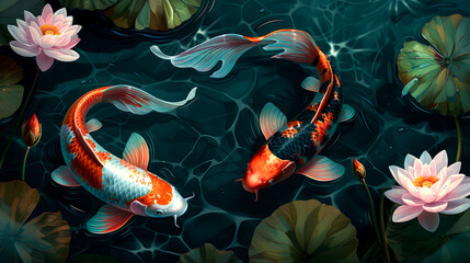 illustration art fish koi in the water with lotus