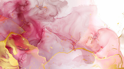 elegant rose pink water colour alcohol wash with golden swirls and speckles, luxurious background wallpaper, white and pink background