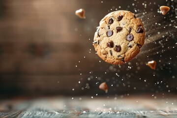 Fototapeta premium Chocolate chip cookie rotating and falling down with chocolate chips surrounding, on a wooden table