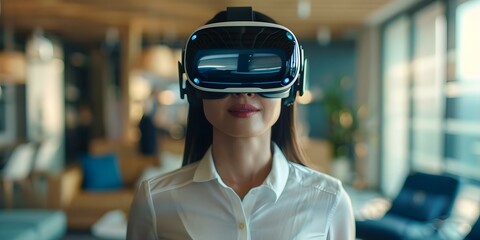 Woman in VR headset stands out in conference room blending modern tech with human experience. Concept Technology, Virtual Reality, Conference room, Modern Tech, Human Experience