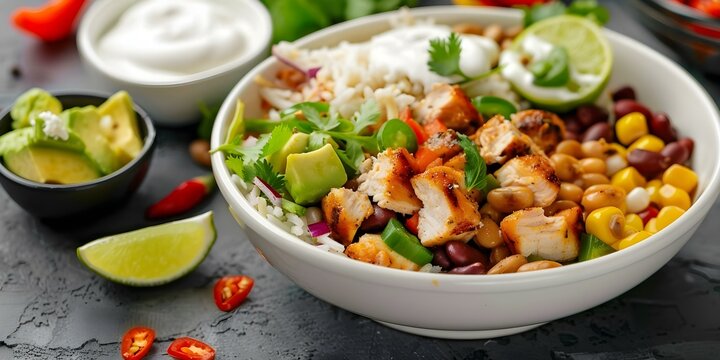 Savor a homemade Mexican chicken burrito bowl with flavorful ingredients. Concept Mexican Cuisine, Burrito Bowl, Homemade Recipe, Chicken Dish, Flavorful Ingredients
